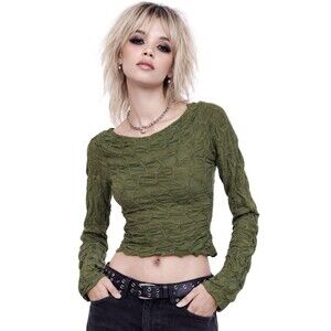 See You Monday Textured Scrunch Top Womens S Olive Green Long Sleeve Grunge 90s